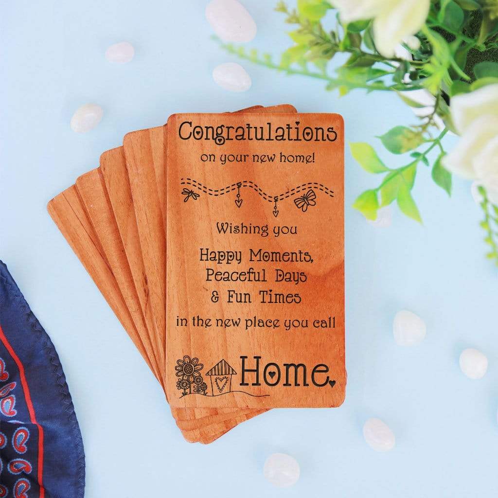 Congratulations On New Home Greeting Cards. A Set Of Personalized Wooden Cards Engraved With House Warming Wishes.Wooden cards for new home announcement, housewarming invitation card or new home wishes for friends and family