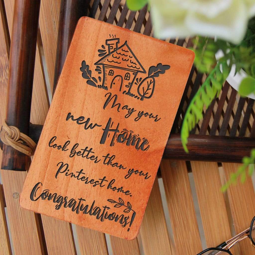 Congratulations On New Home Greeting Cards. A Set Of Personalized Wooden Cards Engraved With House Warming Wishes.Wooden cards for new home announcement, housewarming invitation card or new home wishes for friends and family