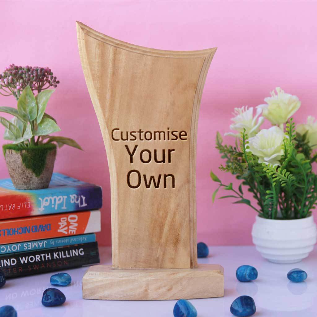 Wooden Award Standee. Customise Your Own Wooden Trophies &amp; Awards. Create Your Own Custom Trophies. Make Your Own Football Trophy, Badminton Trophy or Other Sports Awards, Best Employee Award or Other Employee Appreciation Awards, Funny Awards and Trophies