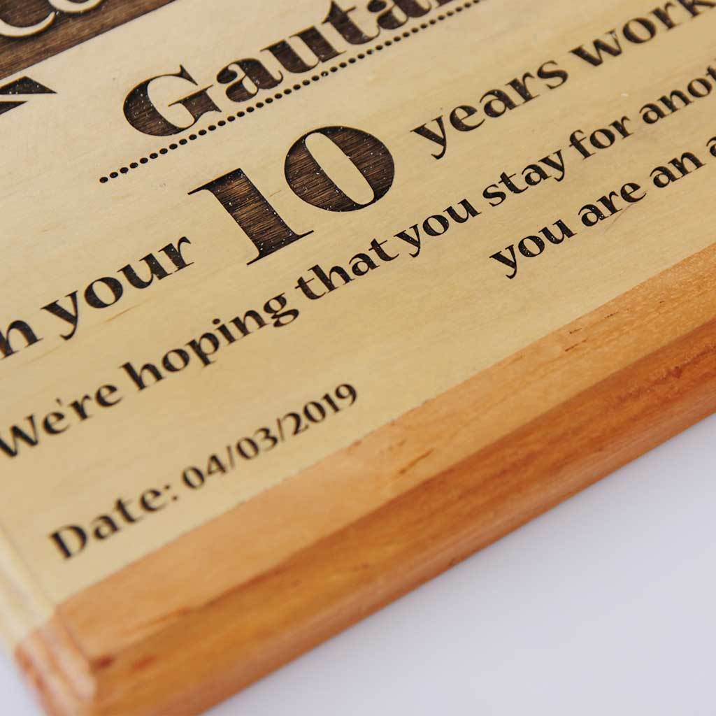 Congratulations On Your Work Anniversary Wooden Plaque. This wooden trophy and award plaque makes great office gifts. This is one of the best gifts for employees.