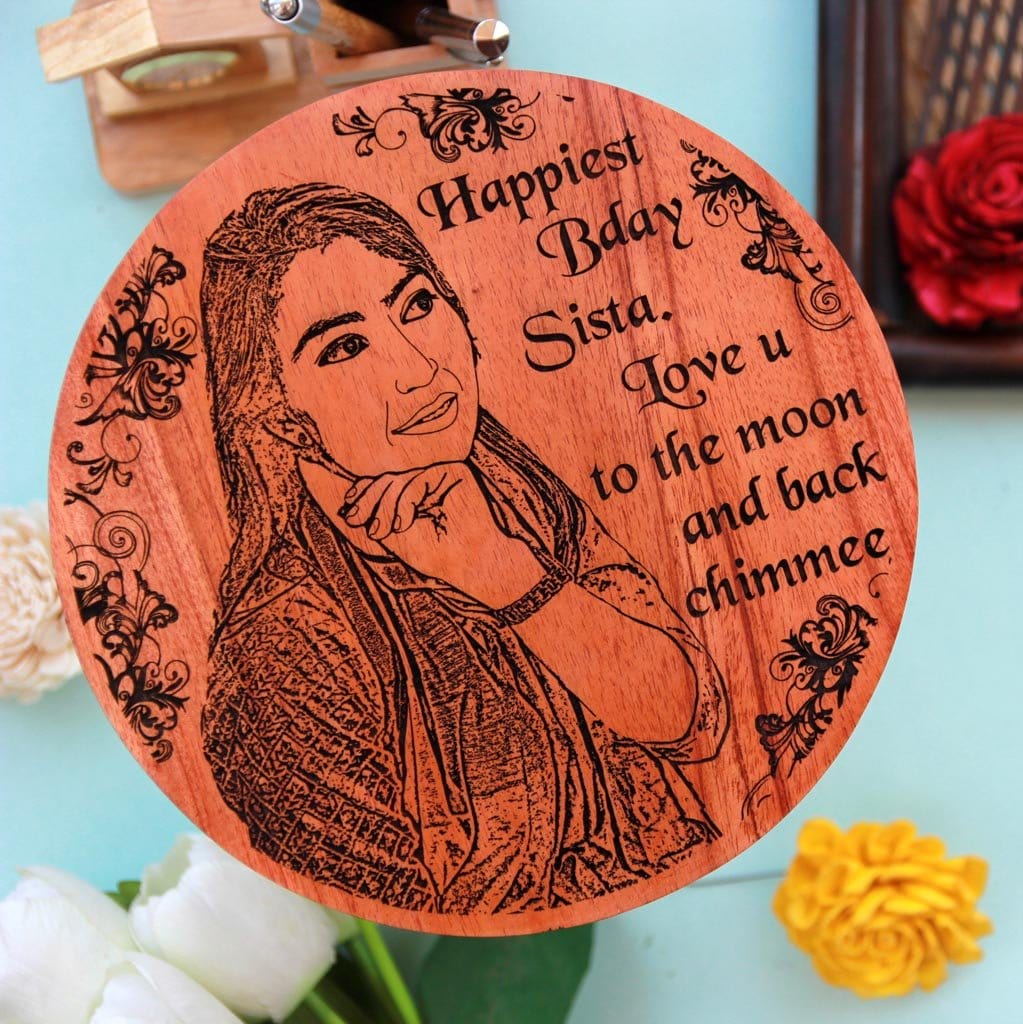 Customized Wooden Photo Frame For Sister&#39;s Birthday. A Wood Engraved Photo Of Your Sister Makes The Best Rakhi Gift or Birthday Gift For Her. Buy More Personalized Special Gifts For Her Online From The Woodgeek Store.