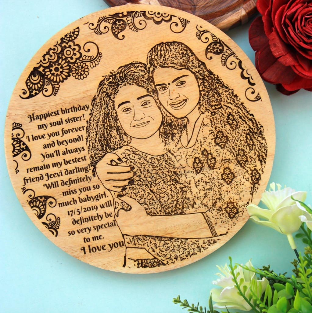 Customized Wooden Photo Frame For Sister&#39;s Birthday. A Wood Engraved Photo Of Your Sister Makes The Best Rakhi Gift or Birthday Gift For Her. Buy More Personalized Special Gifts For Her Online From The Woodgeek Store.