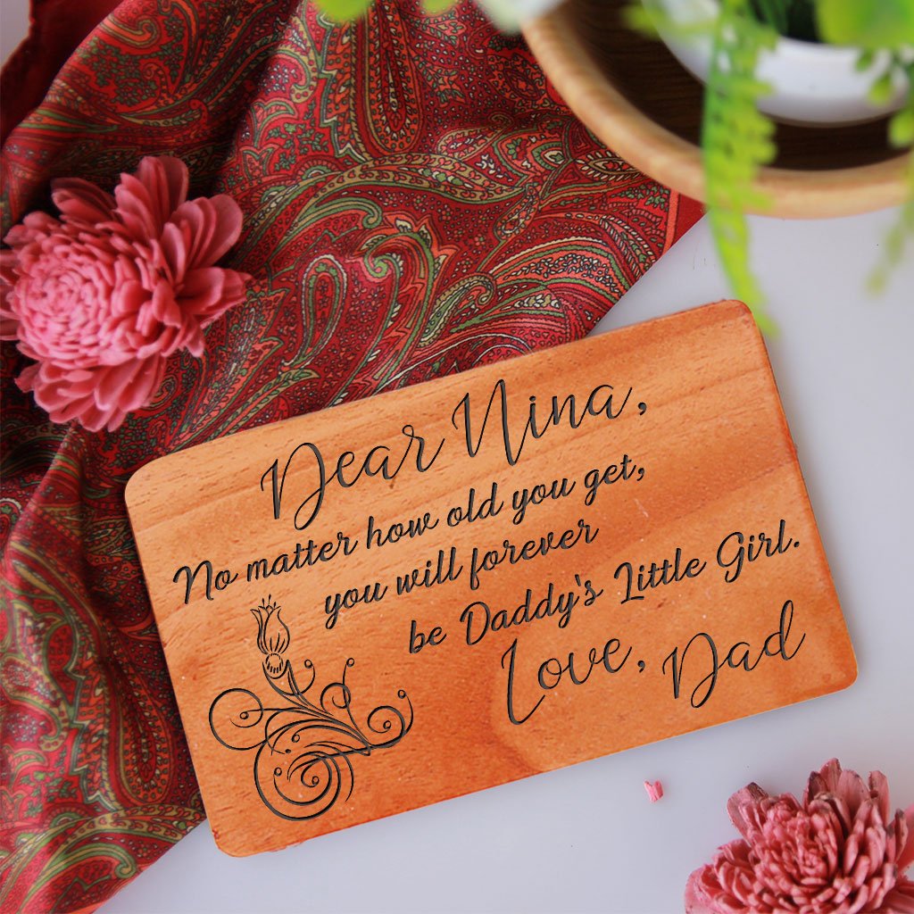 A Set Of Personalized Wooden Cards. Greeting Card For Daughter. Daughter birthday card, birthday wishes for daughter in law, wedding wishes for daughter and son in law engraved on a wooden greeting card.