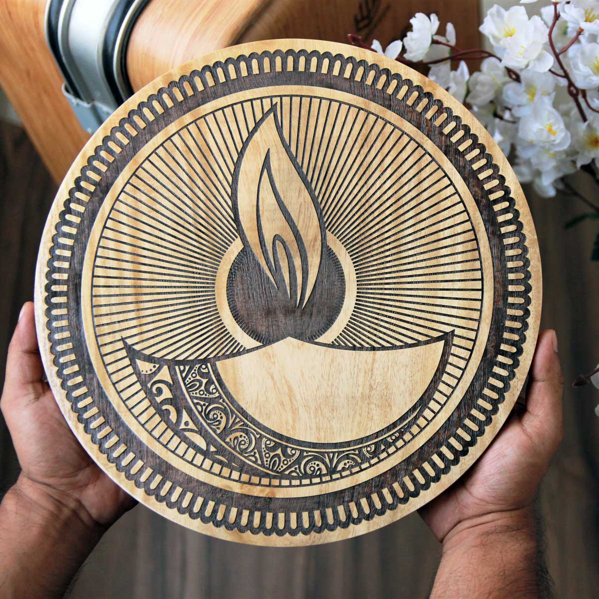 Happy Diwali Light of the World Carved Wooden Poster