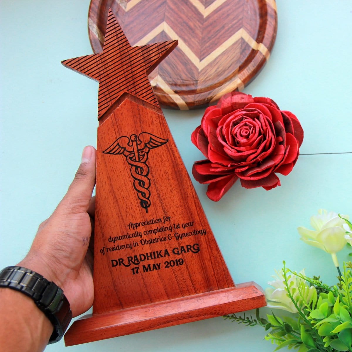 Wooden Trophy For Doctors Engraved With Doctors Symbol And Custom Text. Looking For Gifts For Doctors? This star trophy makes great graduation gifts for doctors.