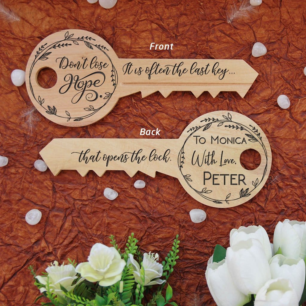 Don&#39;t lose hope. It is often the last key that opens the lock - Inspirational Wooden Signs. This Wooden Plaque is a great inspirational gift for friends, motivational gift for colleagues. Wooden signs with Quotes Engraved On The Front and back Of A Key-Shaped Wood Sign.