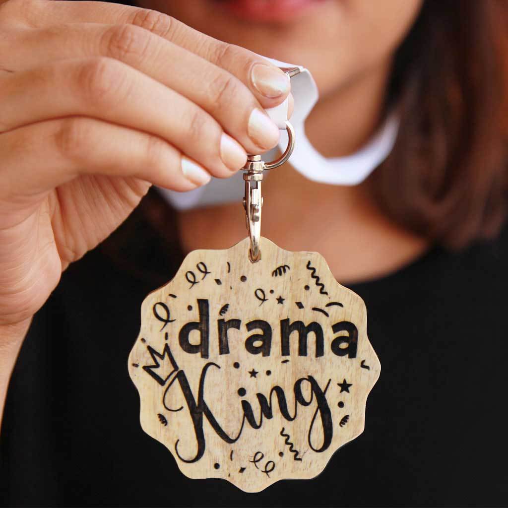 Drama King Wooden Medal. A funny award for the drama king. This custom medal makes great presents for friends. These engraved medals are funny gift ideas for brothers.
