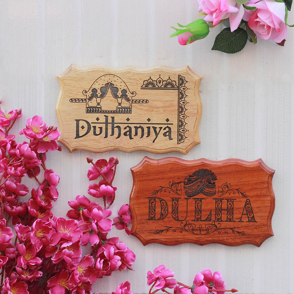 Dulha & Dulhaniya Indian Wedding Decorative Items - Wooden Wedding Signs by Woodgeek Store