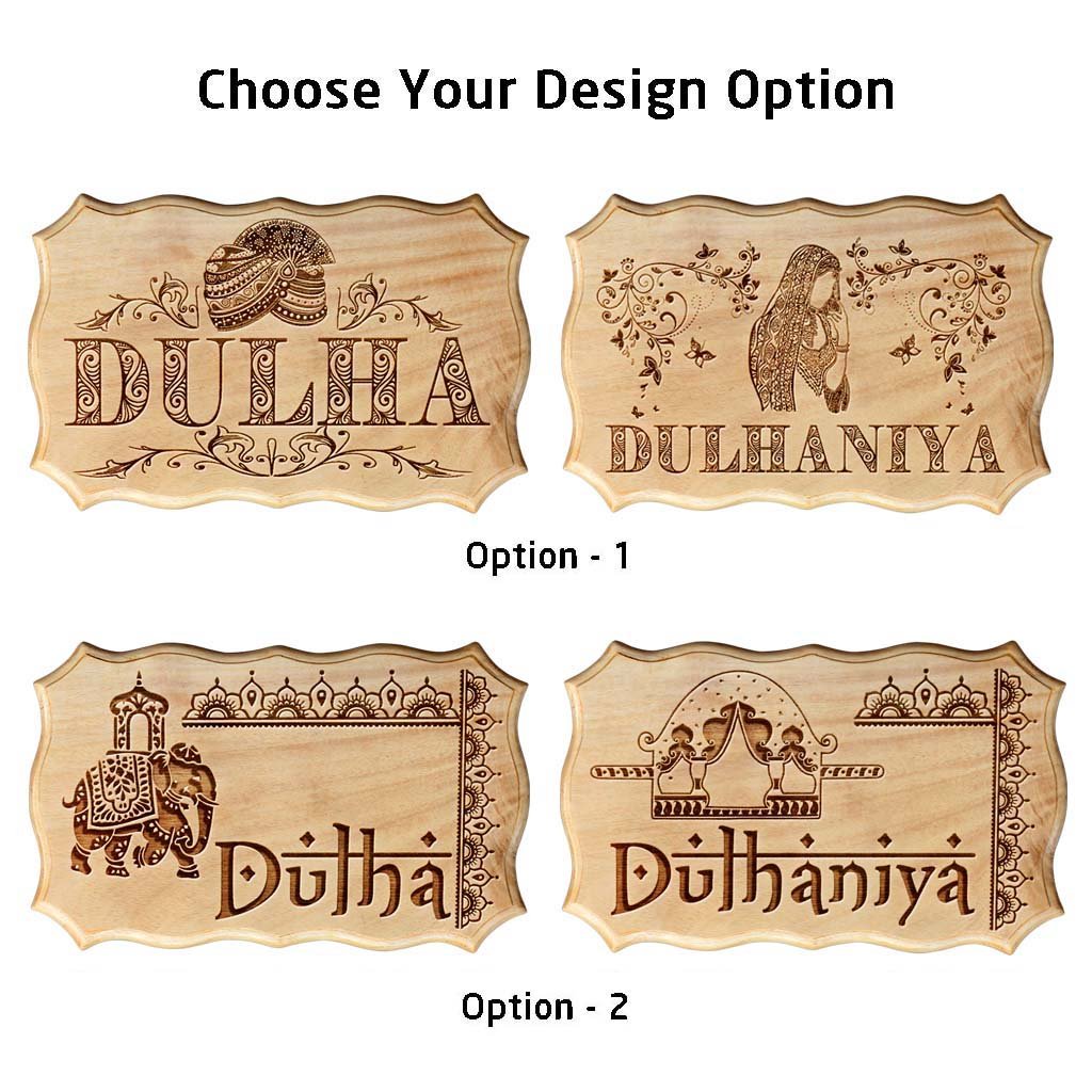 Dulha &amp; Dulhaniya Indian Wedding Decorative Items - Wooden Wedding Signs by Woodgeek Store