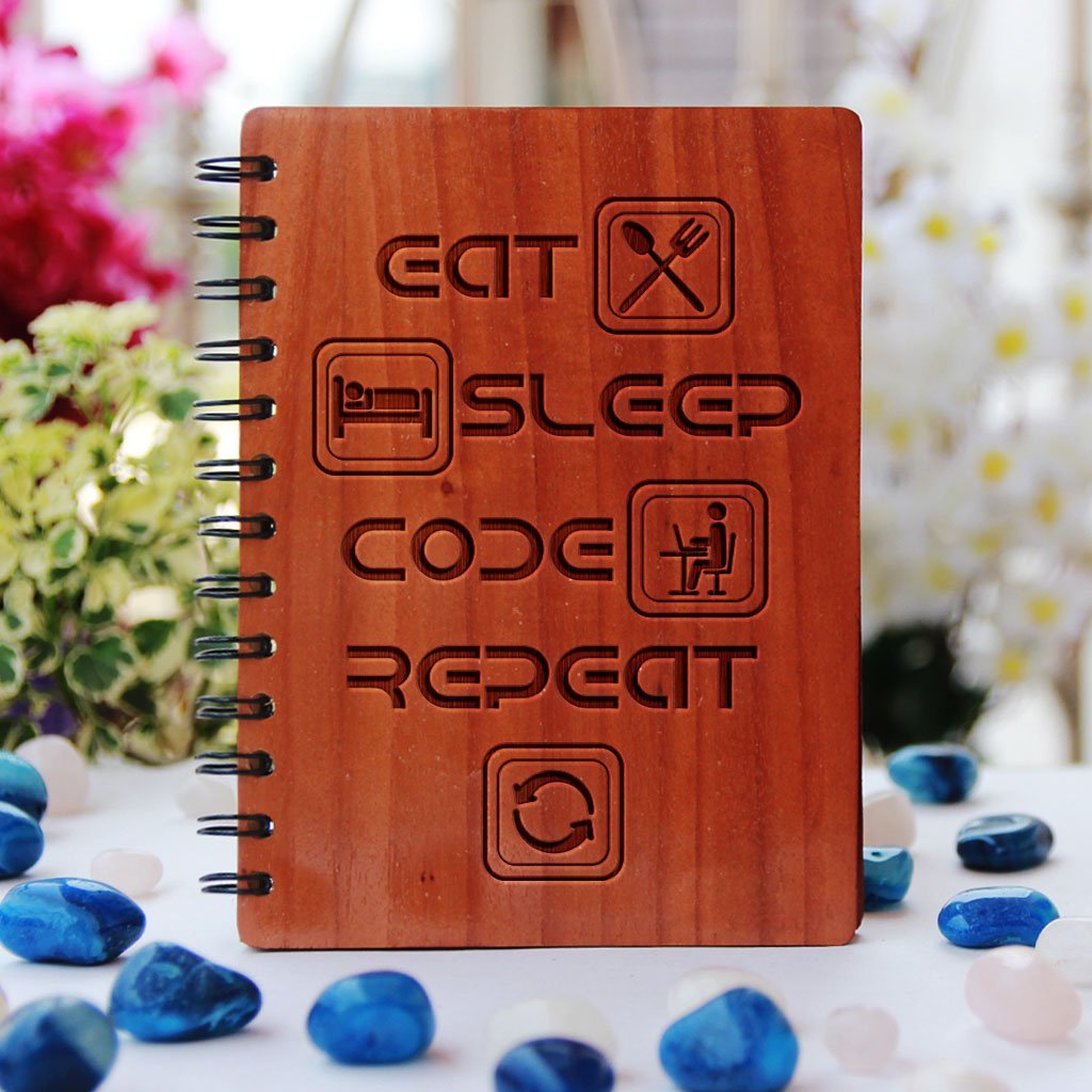 Eat Sleep Code Repeat - Programming Journal - Wooden Notebook for Coders - Gifts for Computer Geeks by Woodgeek Store