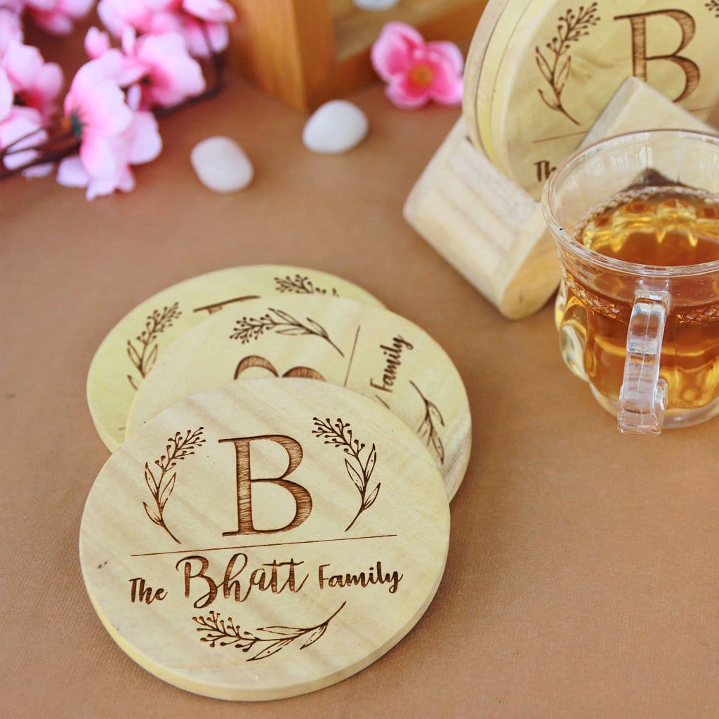 Family Name Coasters. Monogram Coasters. Wooden Coasters With Initials. Looking for Diwali gifts for family, gifts for mom, home decor gifts or housewarming gifts? Nothing beats the charm of a personalized gift. Buy coasters online at Woodgeek Store