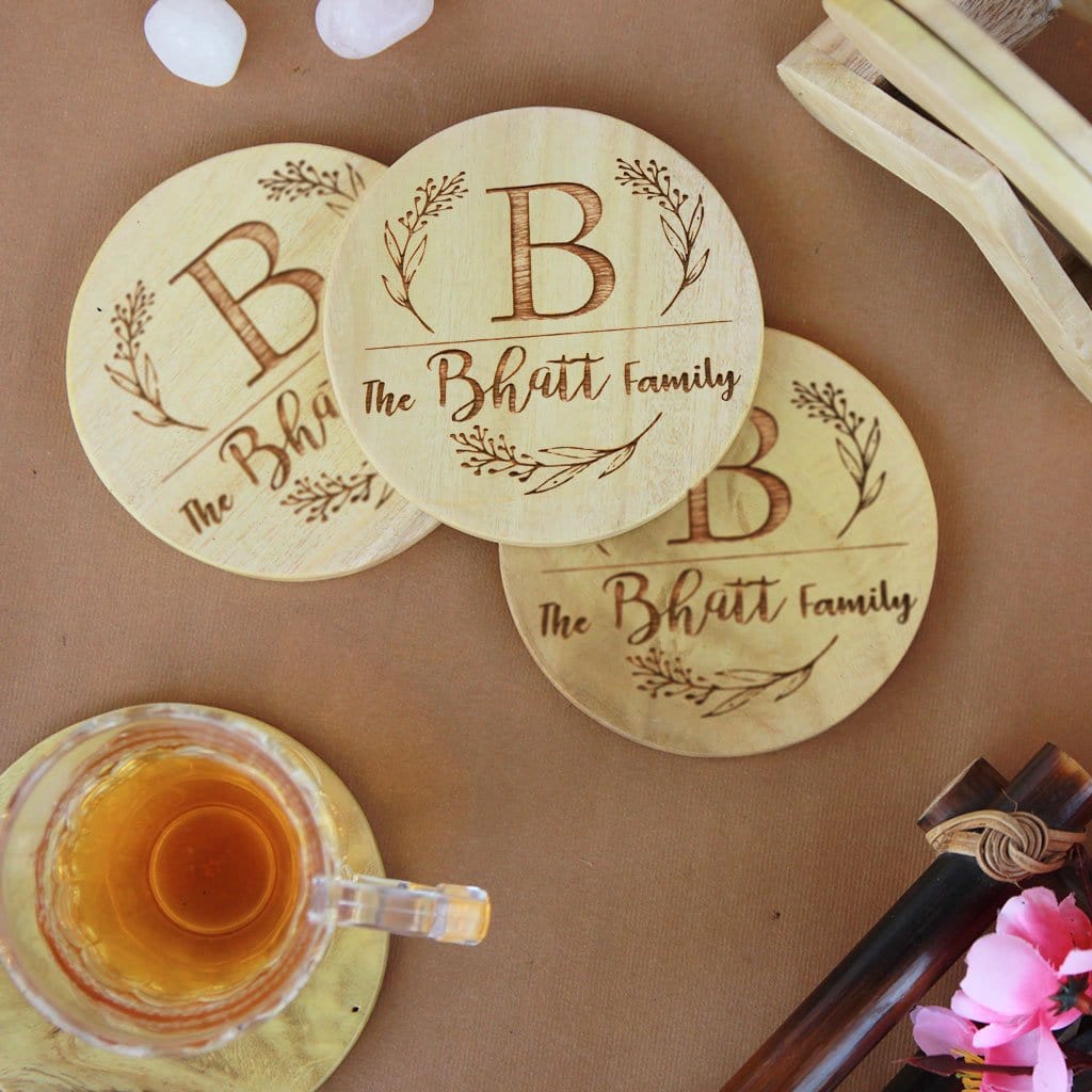 Family Name Coasters. Monogram Coasters. Wooden Coasters With Initials. Looking for Diwali gifts for family, gifts for mom, home decor gifts or housewarming gifts? Nothing beats the charm of a personalized gift. Buy coasters online at Woodgeek Store