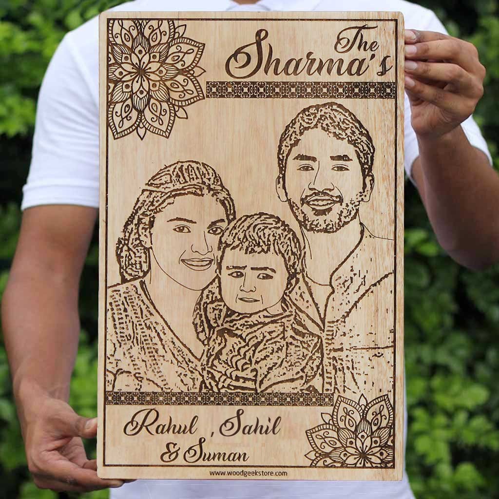 A Wood Engraved Photo Of Your Family. This Photo On Wood Is One Of The Best Family Gifts. A Custom Engraved Wooden Photo Frame Engraved With A Family Photo. Buy More Wooden Photo Frames From The Woodgeek Store