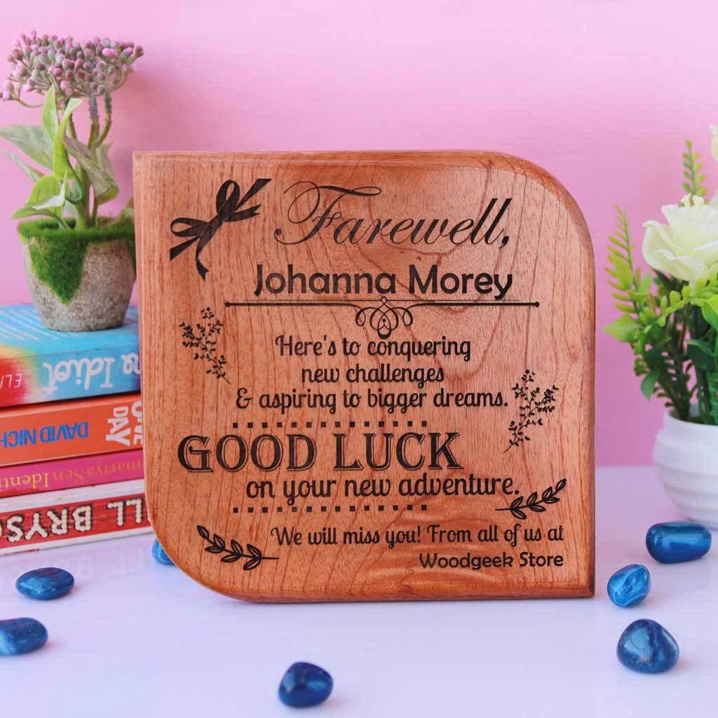 Farewell message to colleague or farewell message to a friend engraved on a wooden plaque. A custom goodbye message and farewell wishes award plaque makes the best farewell gift for employees or friends.