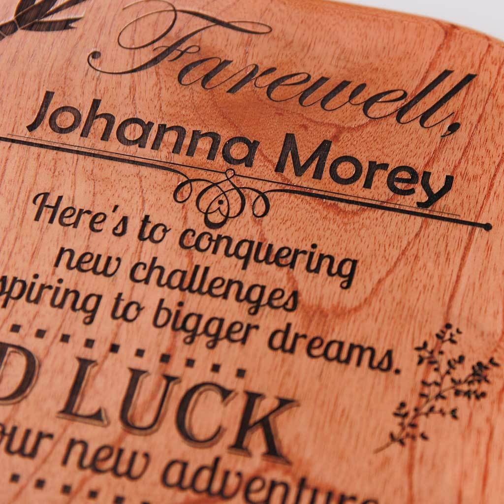 Farewell message to colleague or farewell message to a friend engraved on a wooden plaque. A custom goodbye message and farewell wishes award plaque makes the best farewell gift for employees or friends.