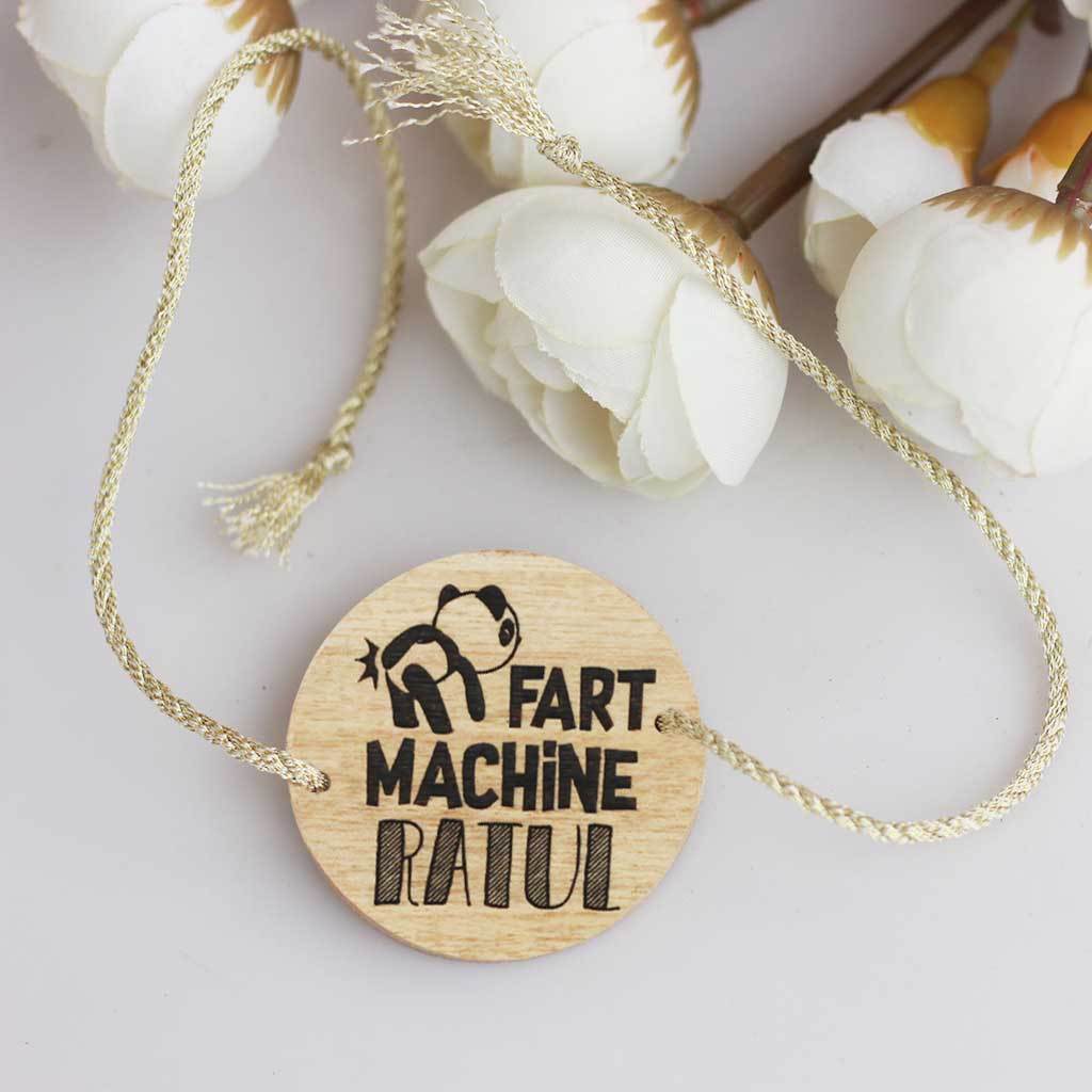 Fart Machine Personalised Rakhi and Raksha Bandhan Greeting Card. This Wooden Rakhi and Wooden Greeting Card Is The Best Raksha Bandhan Gifts for Brother. Buy Rakhi Online India and send Rakhi online with Woodgeek Store.
