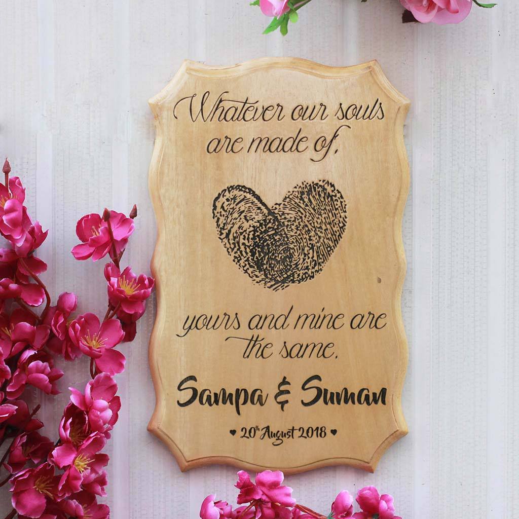 Whatever our souls are made of, his and mine are the same - Fingerprint Heart Wood Sign - Custom Wood Sign - Love Sign Engraved With Thumbprint and Name - Woodgeek Store