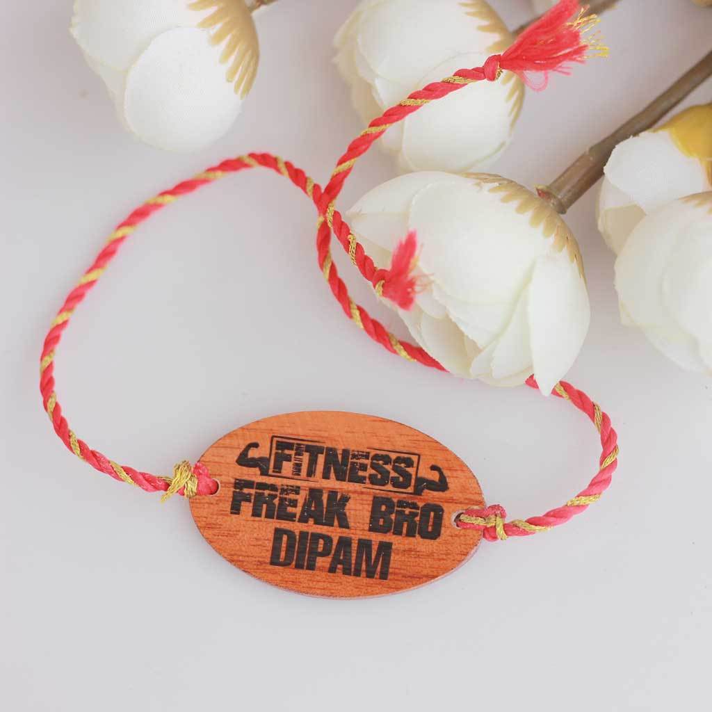 Fitness Freak Bro Personalised Rakhi and Raksha Bandhan Greeting Card - This Wooden Rakhi and Wooden Greeting Card Is The Best Raksha Bandhan Gifts for Brother - Buy Rakhi Online India And Wish Your Brother a Happy Rakhi With Personalized Gifts From The Woodgeek Store.
