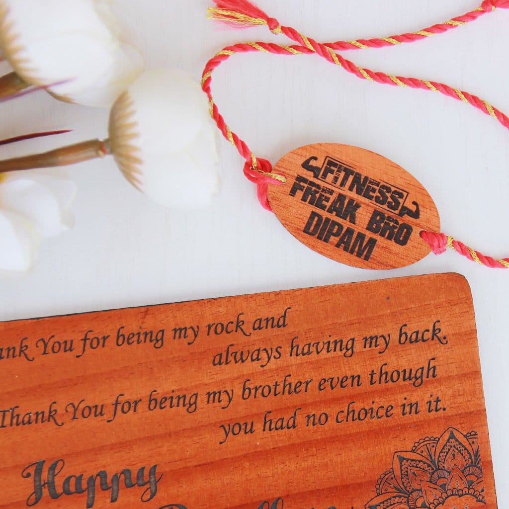 Fitness Freak Bro Personalised Rakhi and Raksha Bandhan Greeting Card - This Wooden Rakhi and Wooden Greeting Card Is The Best Raksha Bandhan Gifts for Brother - Buy Rakhi Online India And Wish Your Brother a Happy Rakhi With Personalized Gifts From The Woodgeek Store.