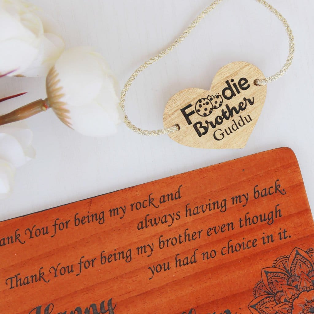 Foodie Brother Personalised Rakhi With Name & Raksha Bandhan Greetings Engraved On Wooden Card. These are the Best Rakhi Gifts. Buy Rakhis Online in India & Send Rakhis Online With Woodgeek Store.