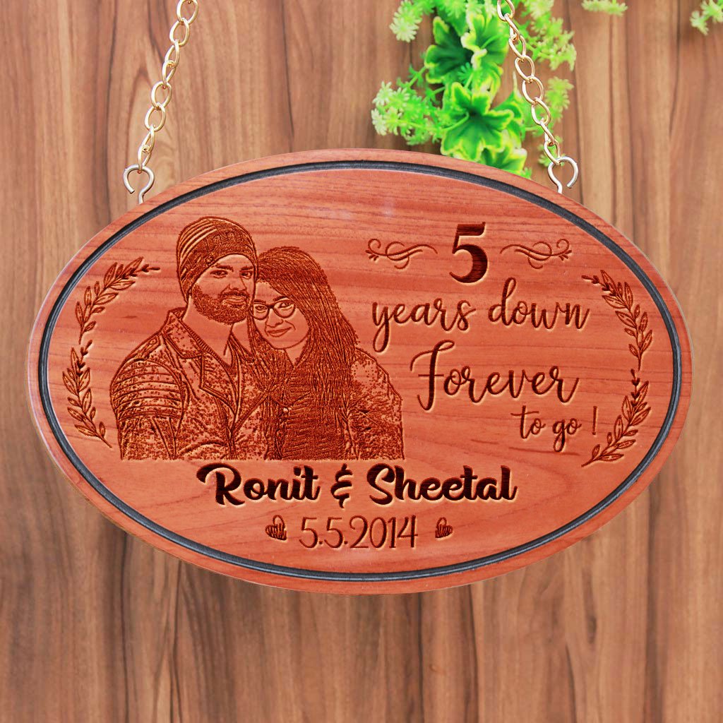 Happy Anniversary Sign - 5 Years Down Forever To Go Anniversary Plaque - Large Hanging Sign - This Engraved Wooden Plaque Makes One Of The Best Anniversary Gifts - This Wood Engraved Photo Makes A Perfect Personalized Gift