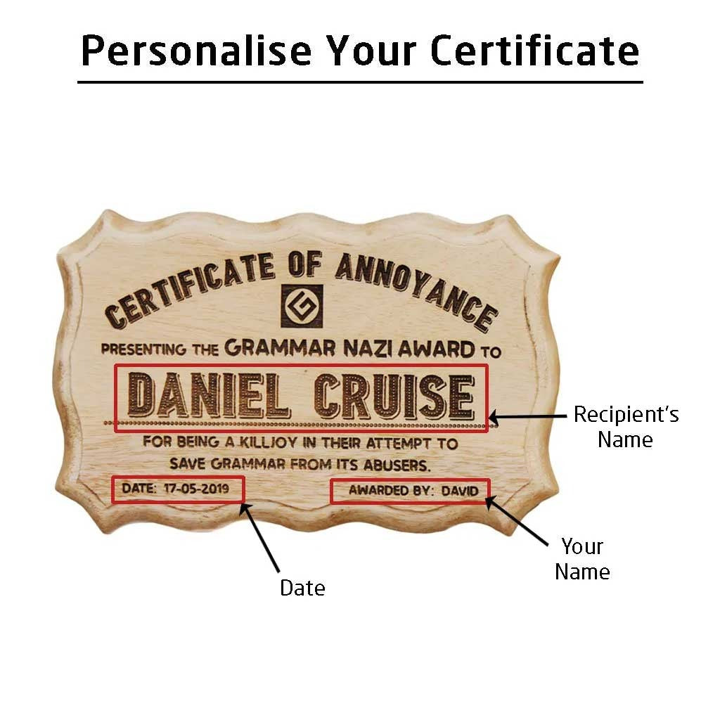 Grammar Nazi Personalized Wooden Certificate