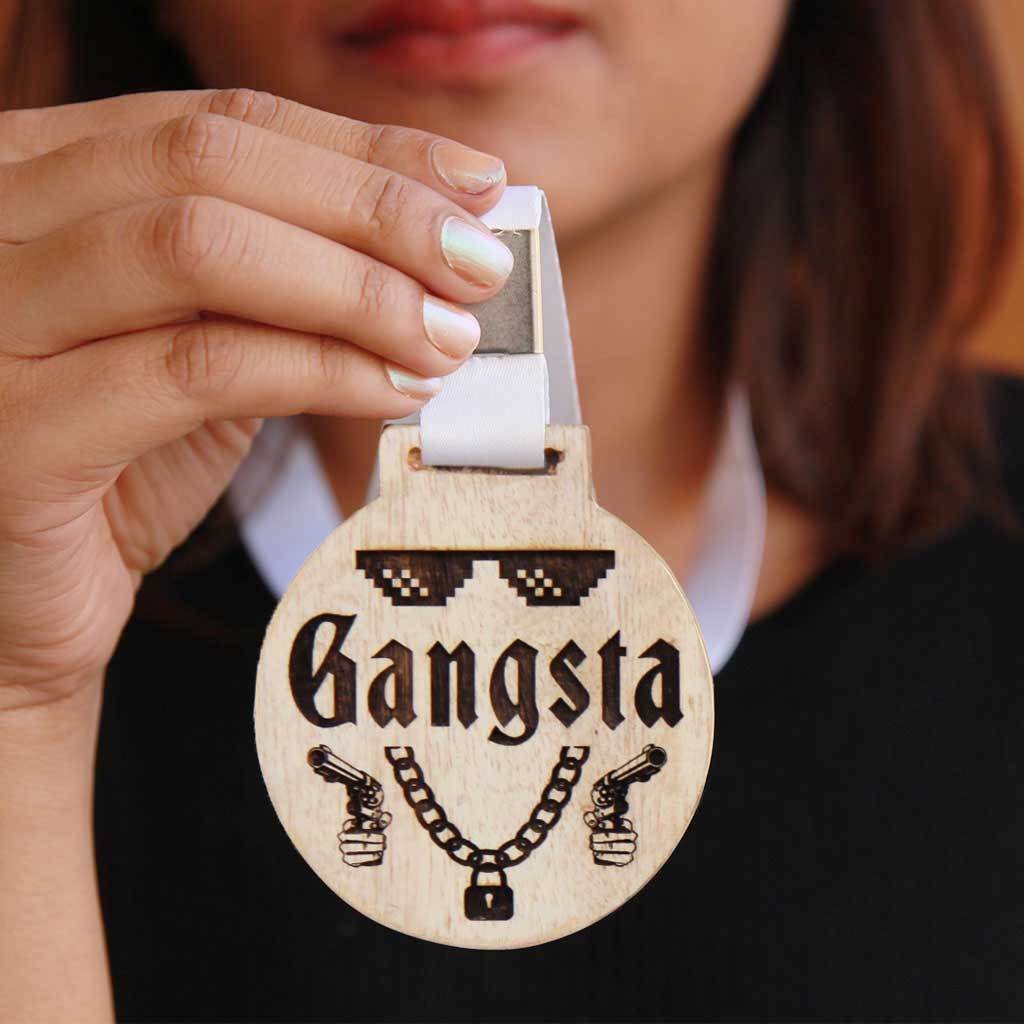 Gangsta Wooden Medal With Ribbon. These Funny Medals Make Great Friendship Day Gifts Or A Simple Birthday Gift For Friends.