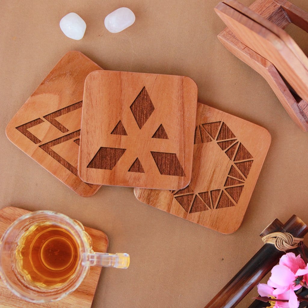 Geometric Coasters - Wooden Coaster Set With Holder. Geometric Design Coasters Make Great Home Decor Gifts. Tea Coaster & Coffee Coaster For Your Table.