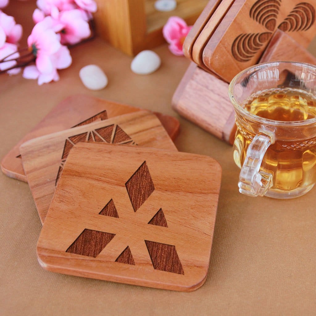 Geometric Coasters - Wooden Coaster Set With Holder. Geometric Design Coasters Make Great Home Decor Gifts. Tea Coaster & Coffee Coaster For Your Table.