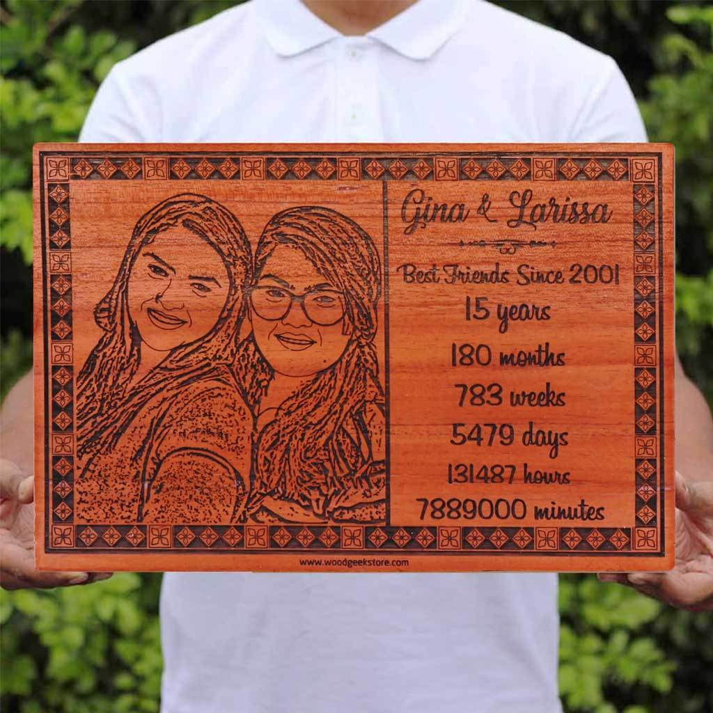 Friendship Timeline Custom Engraved Wooden Frame - This Wood Engraved Photo Makes Unique Gifts For Best Friends And Also One Of The Best Friendship Day Gifts - Buy More Personalized Wooden Picture Frames For Loved Ones From The Woodgeek Store.