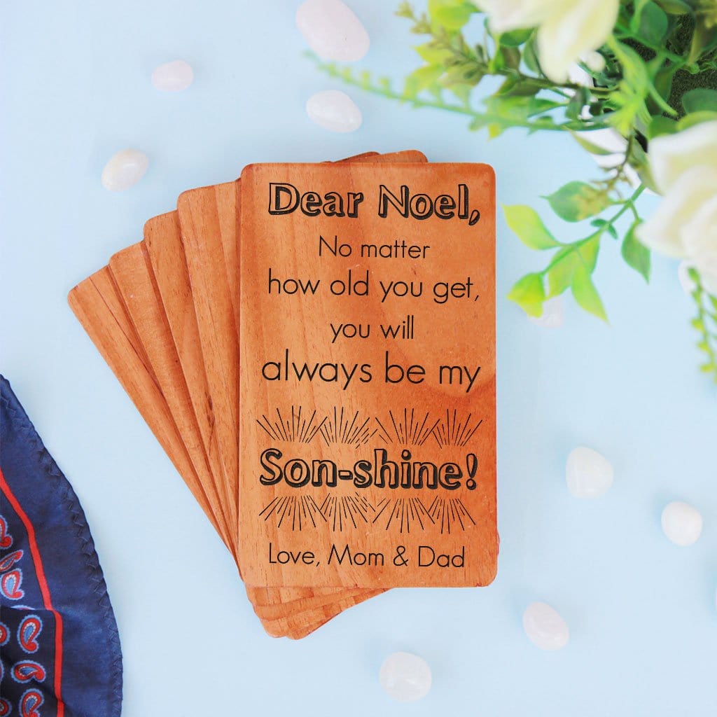 A Set Of Personalized Wooden Cards. Greeting Card For Son. Birthday card for son, birthday wishes for son in law, wedding wishes for son and daughter in law engraved on a wooden greeting card.