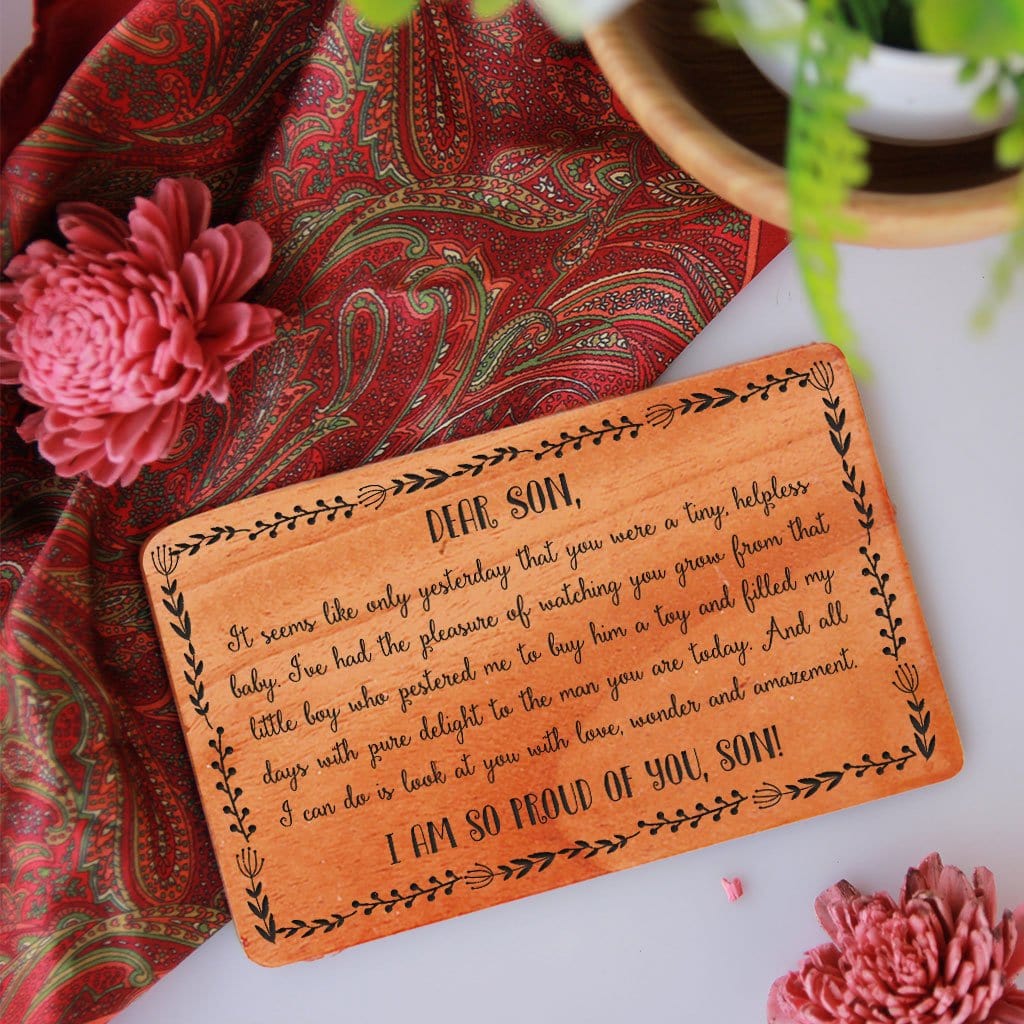 A Set Of Personalized Wooden Cards. Greeting Card For Son. Birthday card for son, birthday wishes for son in law, wedding wishes for son and daughter in law engraved on a wooden greeting card.