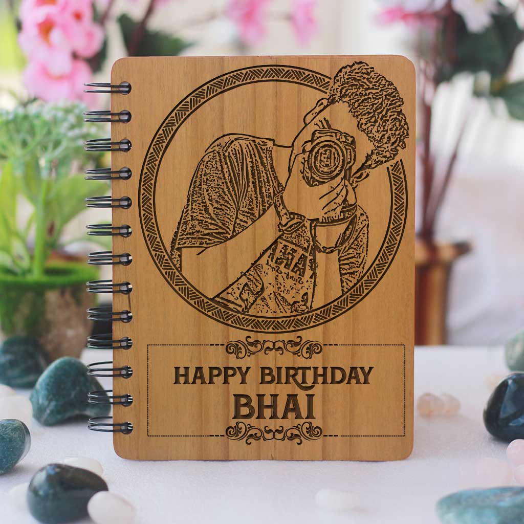 Happy Birthday Bhai Personalized Wooden Notebook - This Wooden Notebook Journal Can Be Customized With A Photo And Personal Message - These Photo Gifts Make The Best Birthday Gifts For Brothers - Shop Personalized Gifts For Brothers Online From The Woodgeek Store