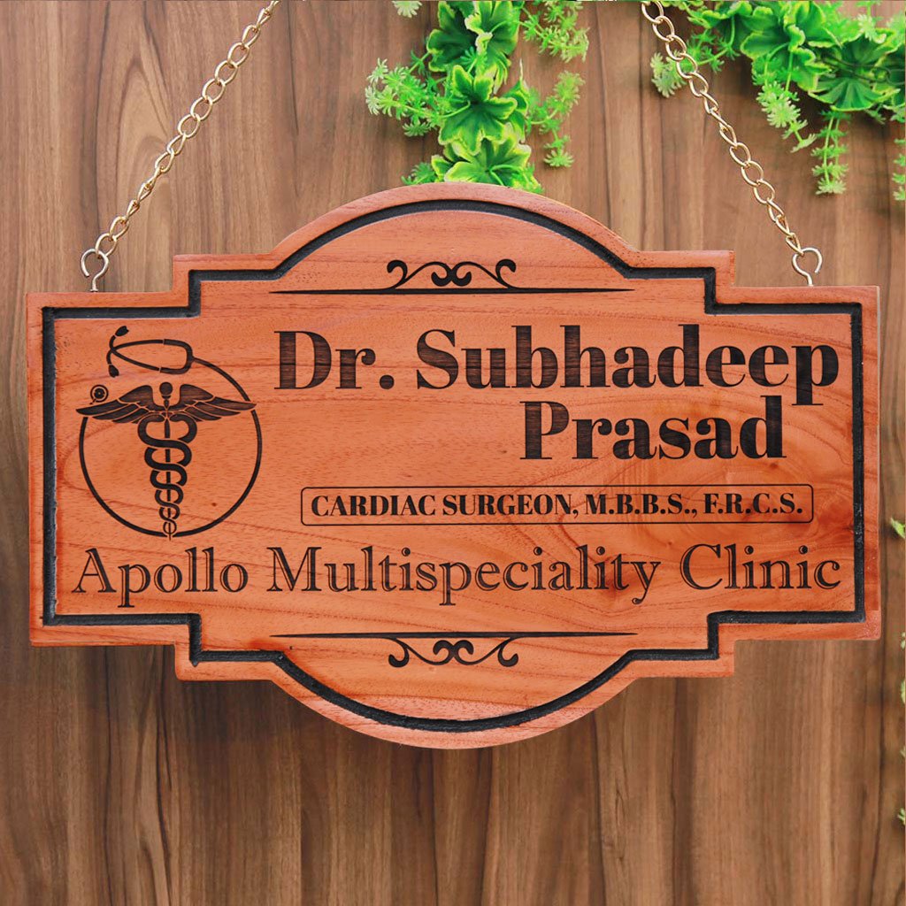 Business Signs For Doctors - Hanging Name Plates For Doctors Custom Engraved With The Doctor's Symbol. This Doctor Name Plate Is The Perfect Gifts For Doctors - Shop More Business Signs And Shop Signs From The Woodgeek Store