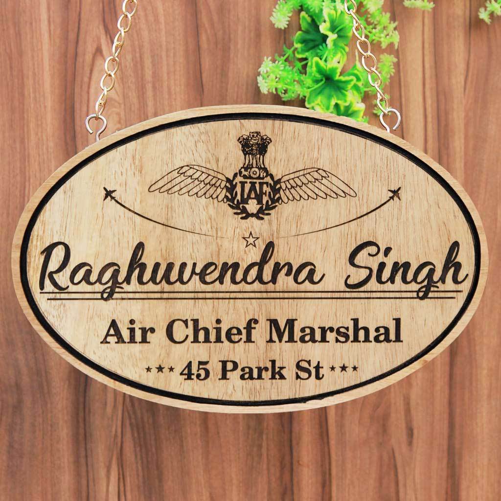 Personalized Large Nameplates For Air Force Officers - This Indian Air Force Office Name Plate Can Be Engraved With The Air Force Logo - These Hanging Name Signs Make the best air force gifts, gifts for air force pilots or even air force retirement gifts.