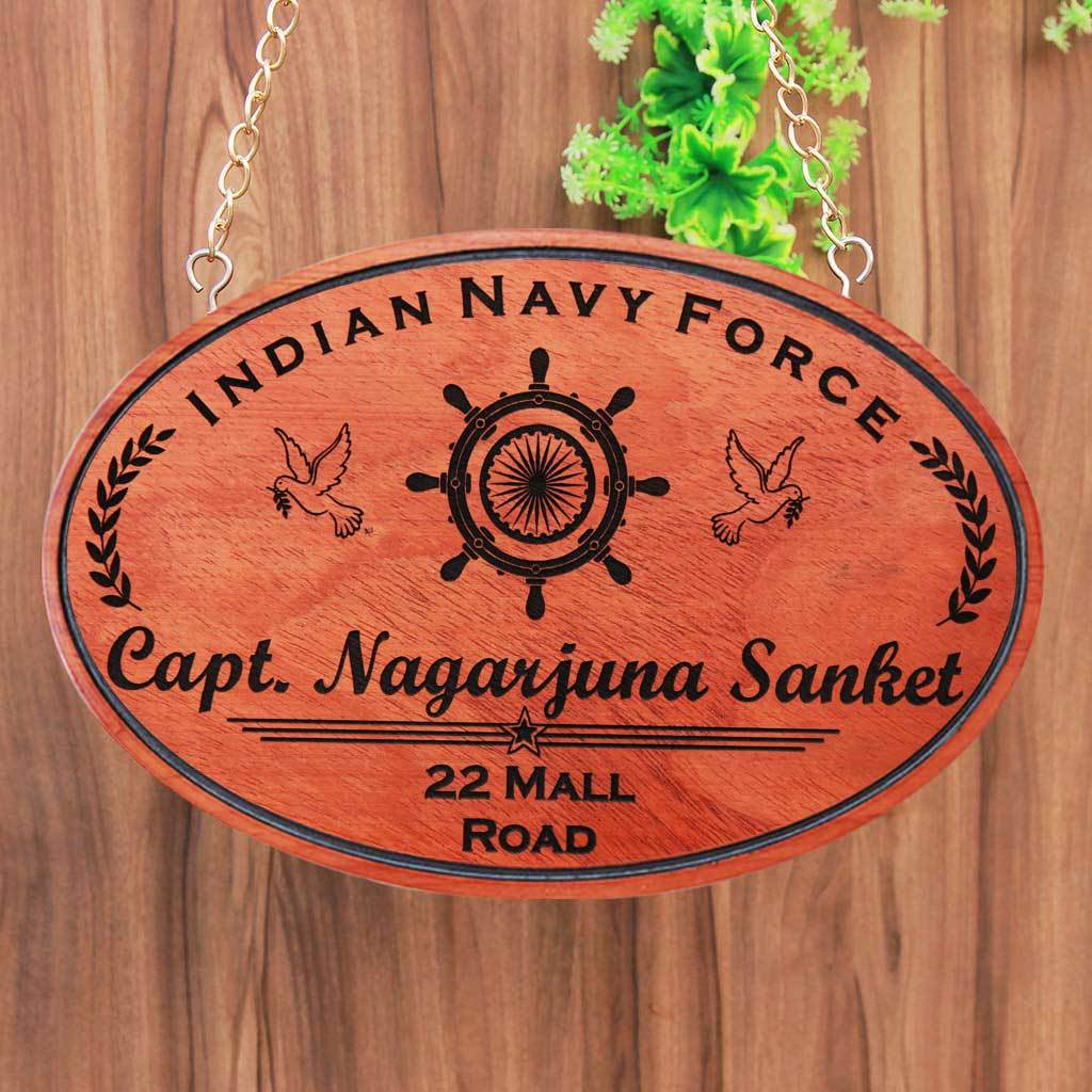 Personalized Large Nameplates For Air Navy Officers - This Personalized Indian Navy Force Office Name Plate Can Be Engraved With The Navy Force Logo - These Hanging Wooden Boards Make Perfect Gifts For Navy Officers - Shop More House Signs And Address Plates From The Woodgeek Store