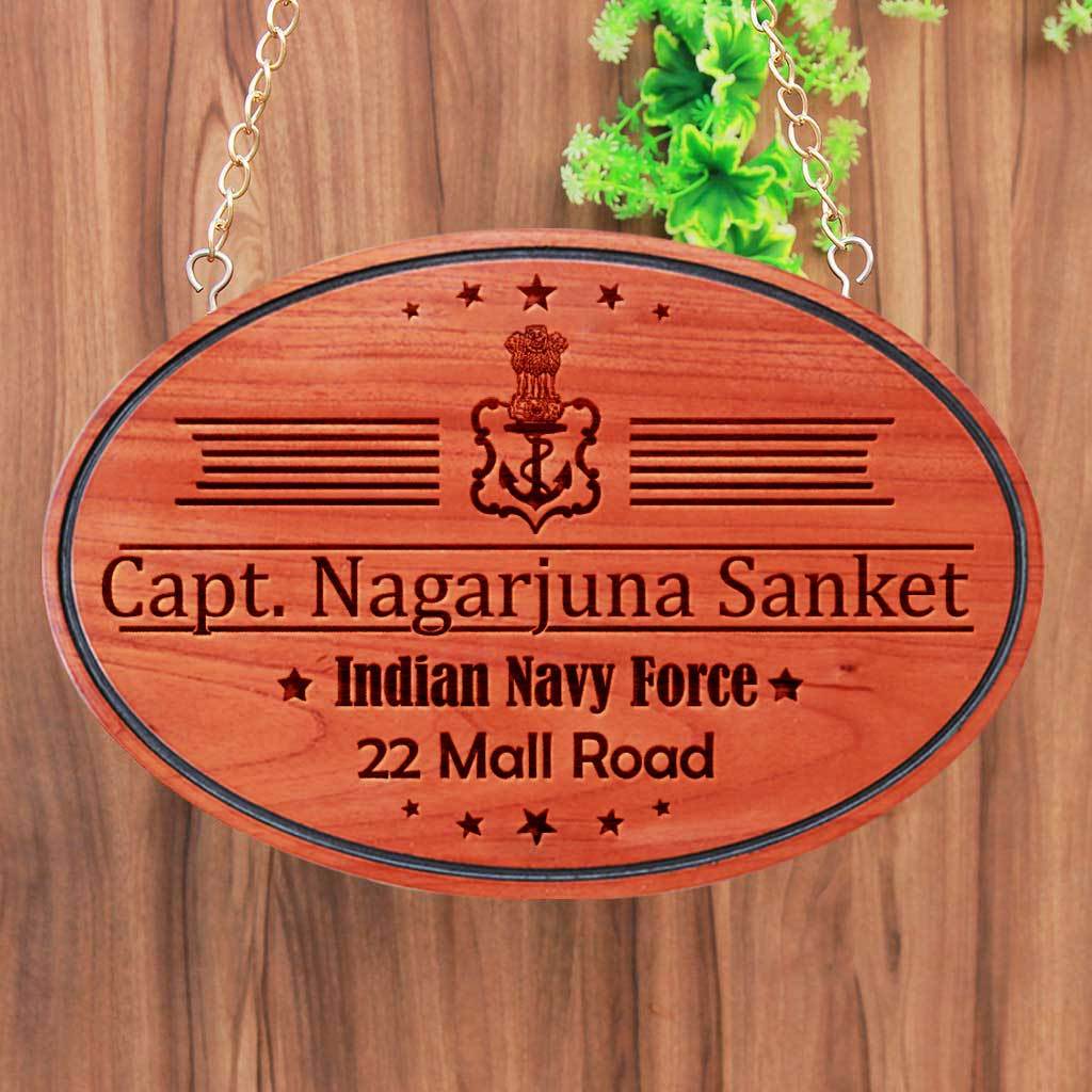Personalized Large Nameplates For Air Navy Officers - This Personalized Indian Navy Force Office Name Plate Can Be Engraved With The Navy Force Logo - These Hanging Wooden Boards Make Perfect Gifts For Navy Officers - Shop More House Signs And Address Plates From The Woodgeek Store