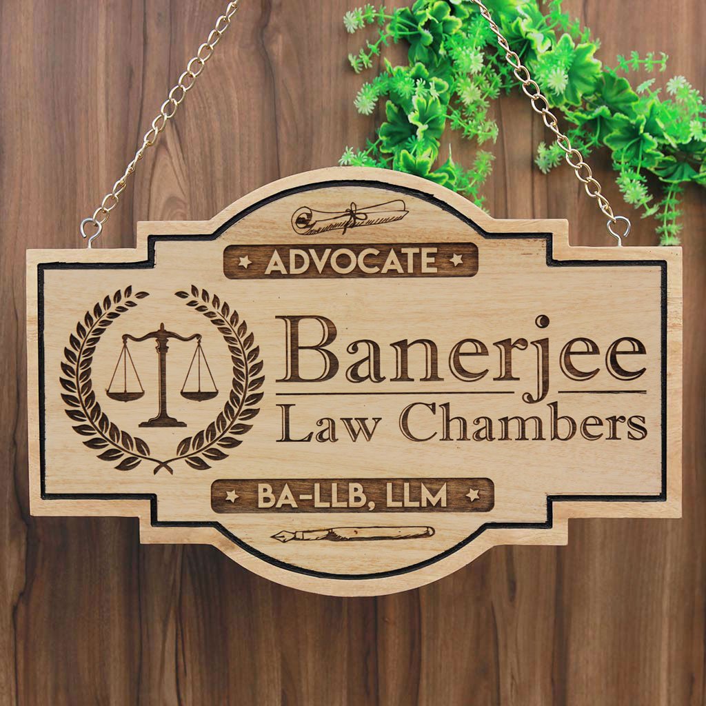 Business Sign For Lawyers - Lawyer Name Plate Engraved With Law Symbol, The Scales Of Justice. Hanging Name Plates Makes Perfect Gifts For Lawyers - Shop More Business Signs And Shop Signs From The Woodgeek Store
