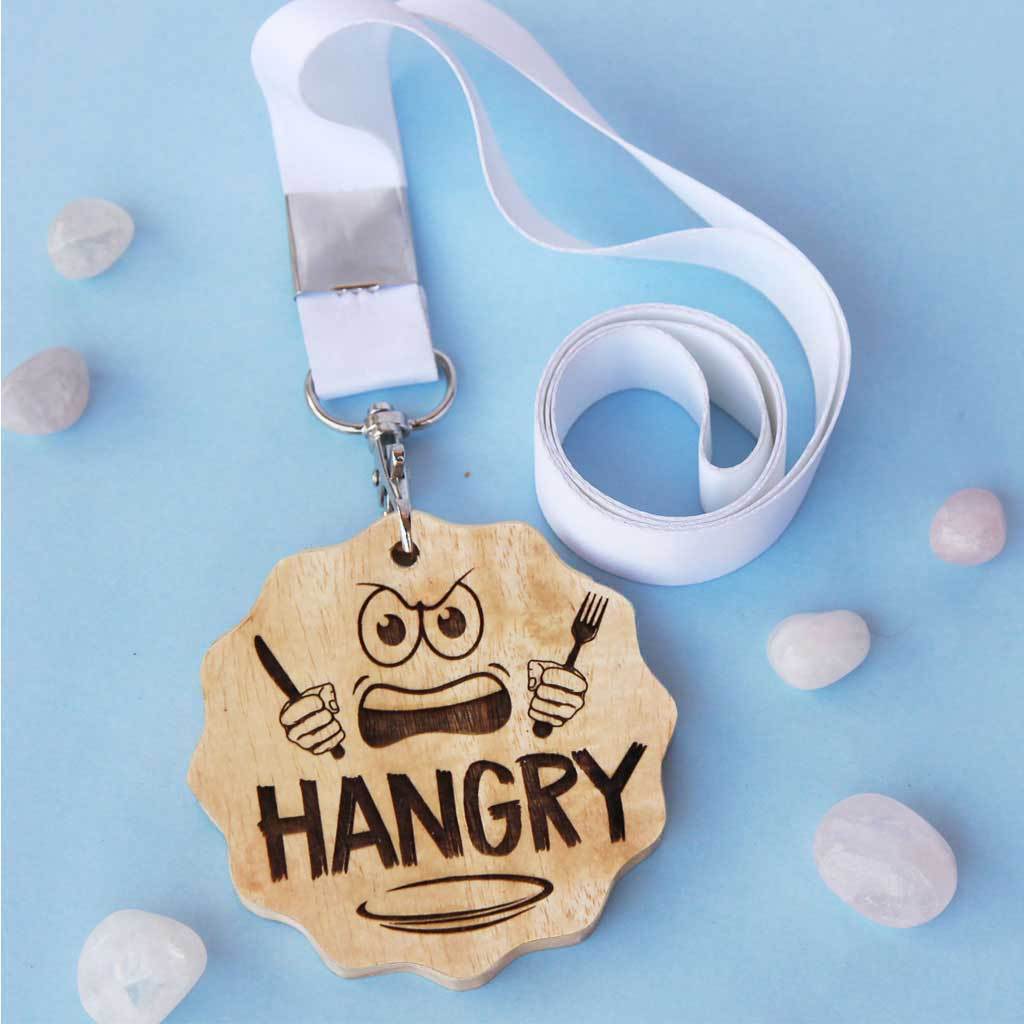 Hangry Wood Engraved Medal. This Custom Medal And Funny Award Makes The Best Gift For Food Lovers. This Medal Award Makes A Unique Gift Idea For All The Foodies.