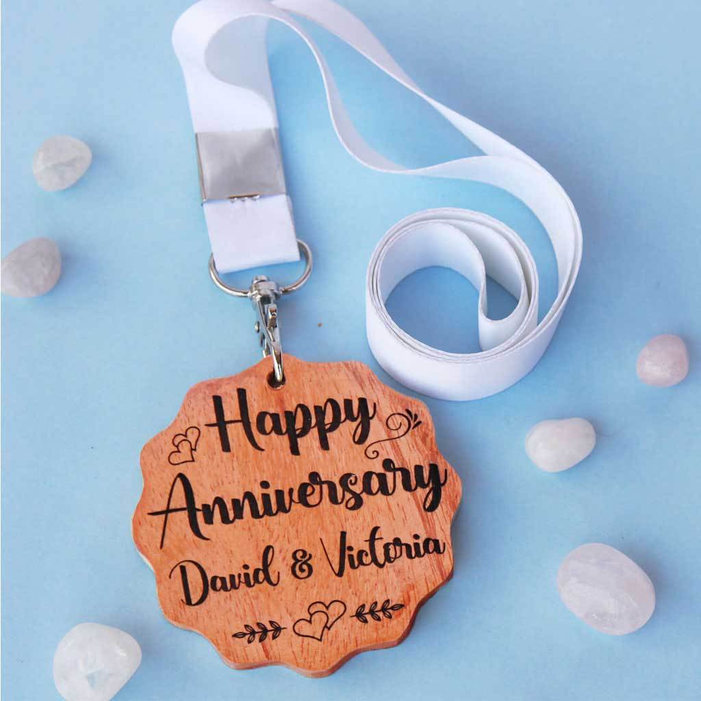 Happy Anniversary Wooden Medal With Ribbon. This Custom Medal Makes One Of The Best Personalized Love Gifts You Can Gift Your Partner. This Medal Of Love Makes A Great Anniversary Gift.