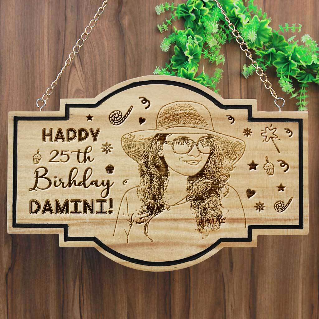 Personalized Happy Birthday Hanging Wood Sign - Happy Birthday Wishes Engraved On A Birthday Plaque. This is the best Personalised Birthday Gift. This Wood Carved Sign Is A Great Party Accessory.