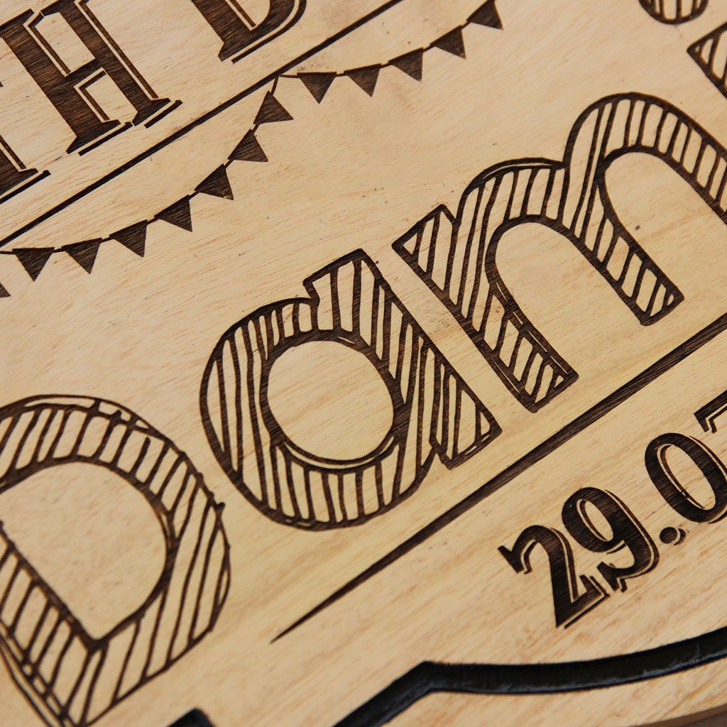 Personalized Happy Birthday Hanging Wood Sign - Happy Birthday Wishes Engraved On A Birthday Plaque. This is the best Personalised Birthday Gift. This Wood Carved Sign Is A Great Party Accessory.