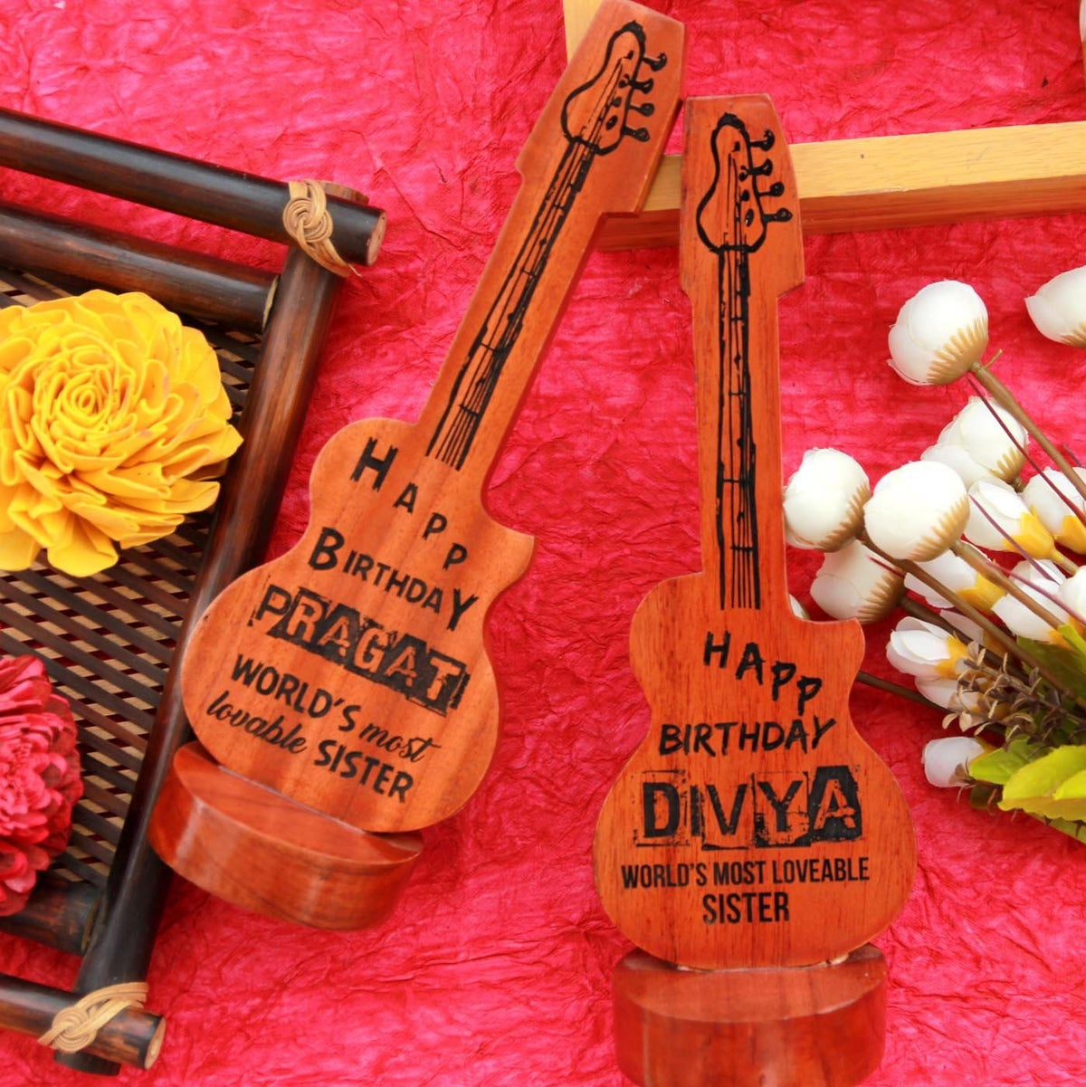 Happy Birthday Award Memento | Customized Guitar-Shaped Wood Trophy