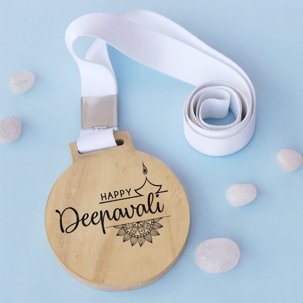 Happy Deepavali Wooden Medal For Diwali.This wooden medal engraved with Diwali wishes will make the best diwali gift. 