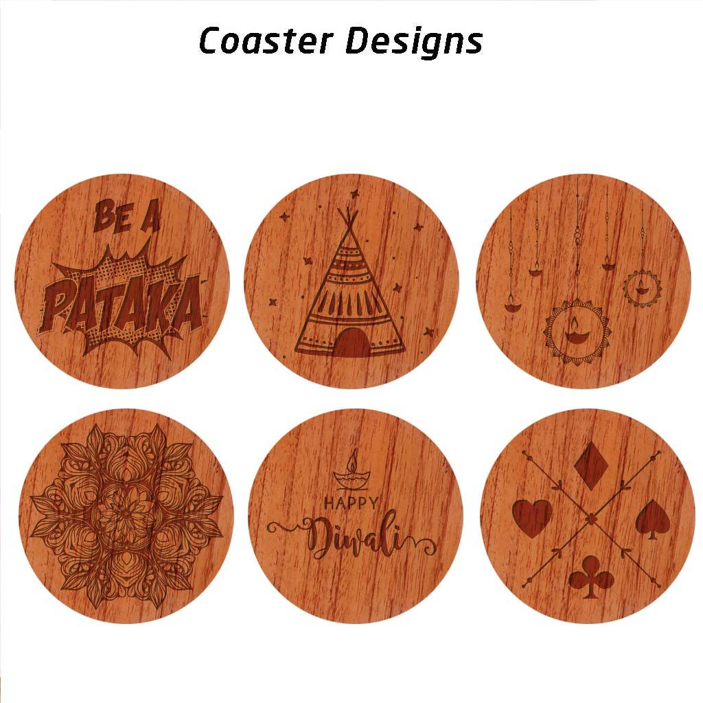 Diwali coasters engraved with Happy Diwali wishes, diya to symbolize the festival of lights, Diwali rangoli, playing cards to represent taash parties, a fun engraving of the flower pot cracker and be a pataka text engraving as shown in the photos.