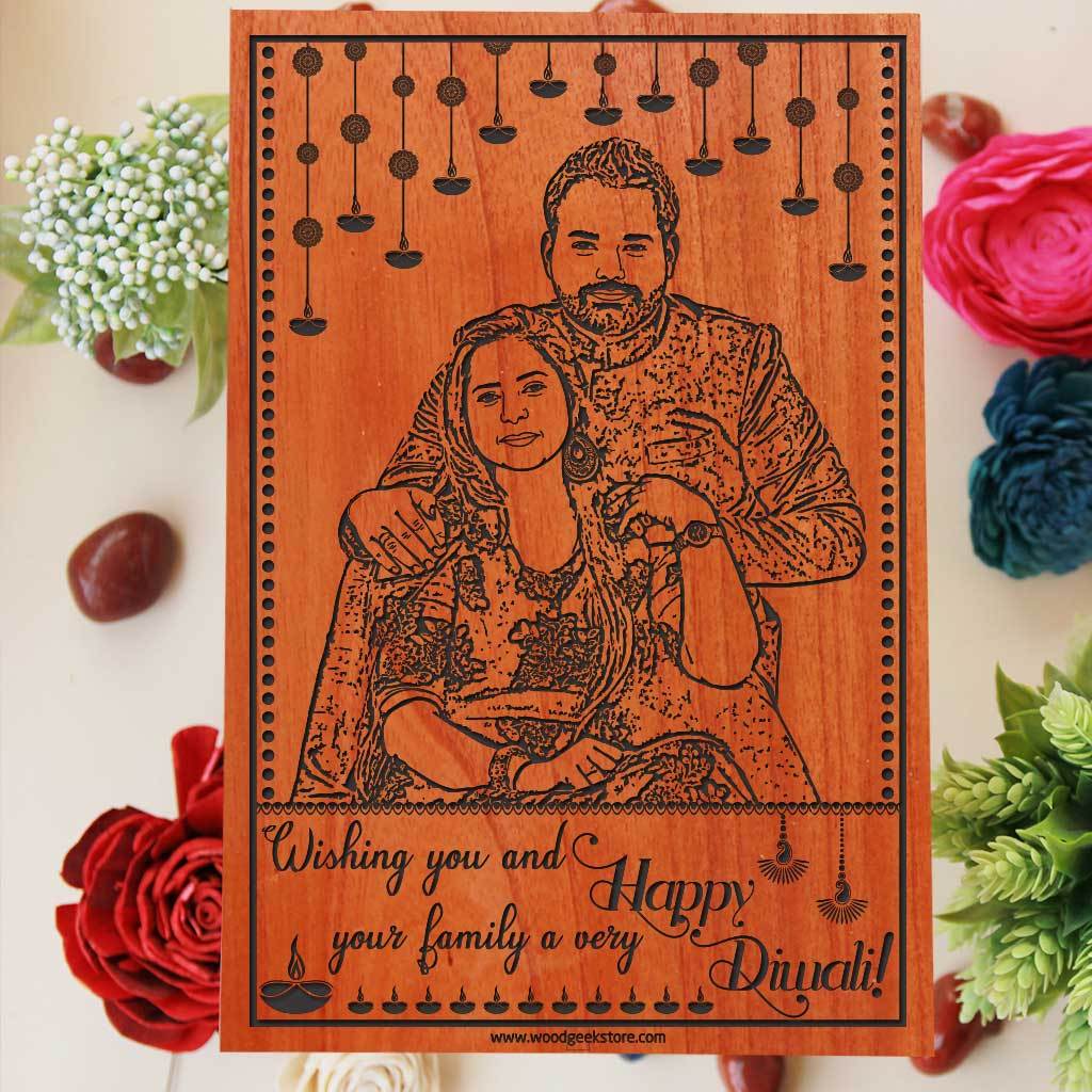 Wooden photo frames engraved with photo and Diwali wishes: Wishing you and your family a very happy Diwali. Happy Diwali Personalized Diwali Gift. Looking for Diwali gift ideas? What better Diwali gifts for family than wood engraved photo. This Engraved Wooden Photo Plaque Is The Best Diwali Gifts Online.