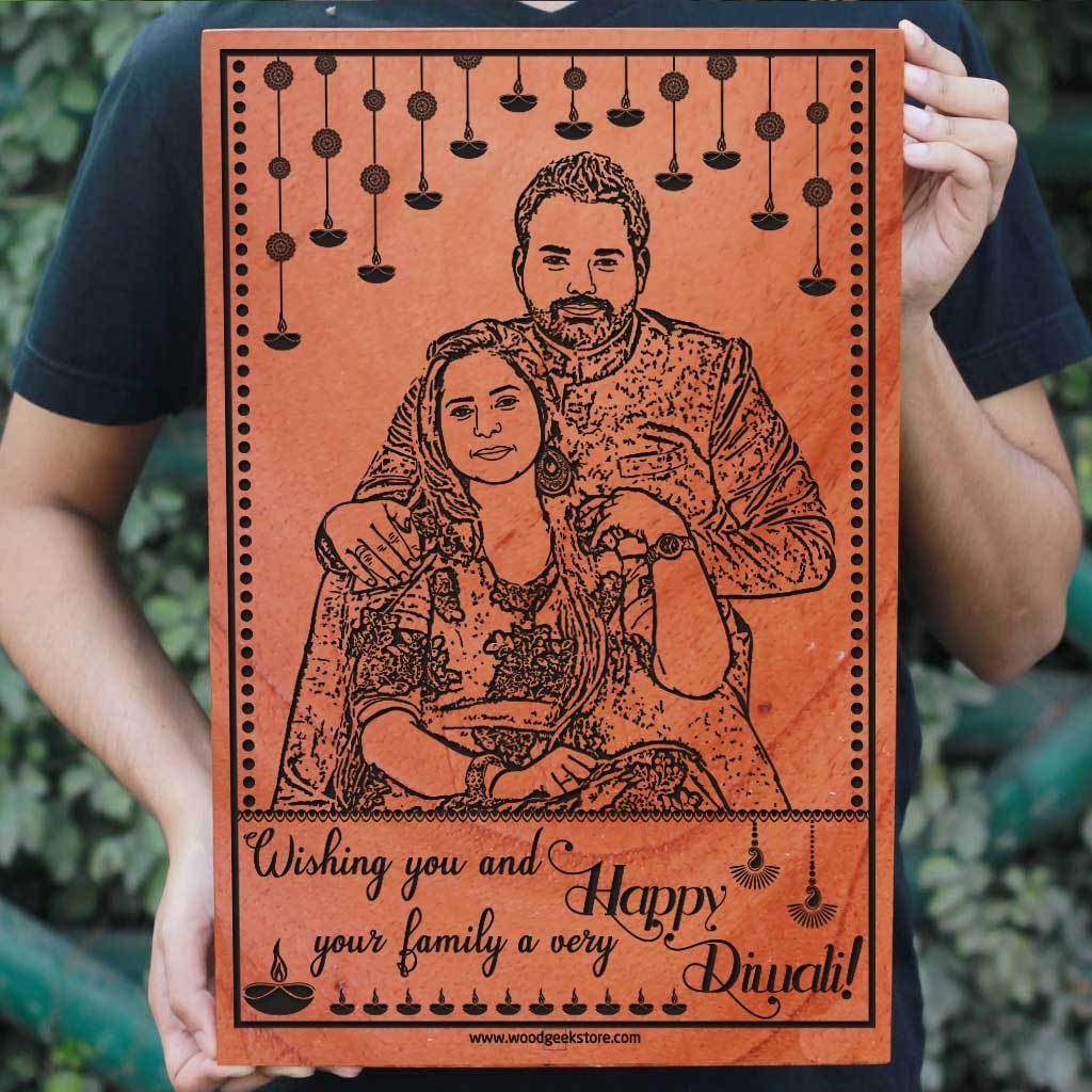 Wooden photo frames engraved with photo and Diwali wishes: Wishing you and your family a very happy Diwali. Happy Diwali Personalized Diwali Gift. Looking for Diwali gift ideas? What better Diwali gifts for family than wood engraved photo. This Engraved Wooden Photo Plaque Is The Best Diwali Gifts Online.