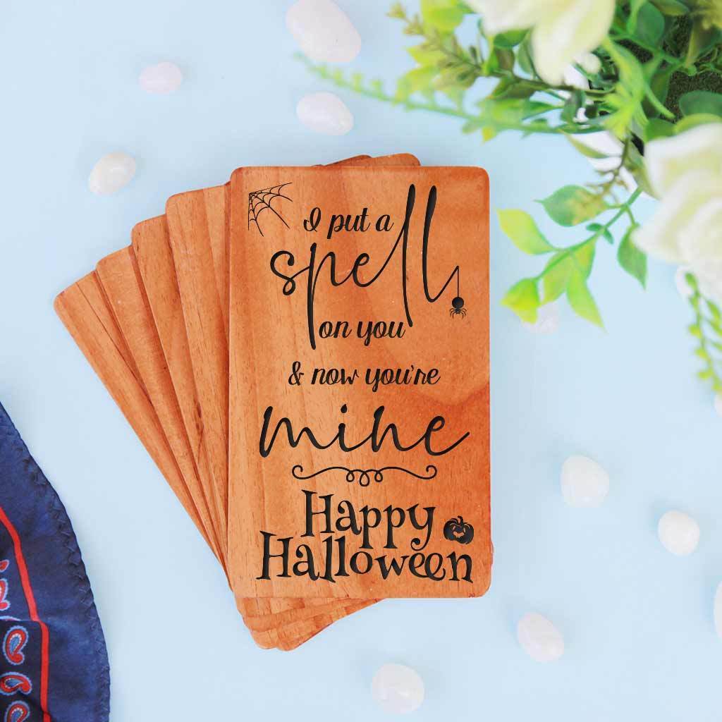 I put a spell on you and now you're mine. Happy Halloween! - Halloween Cards Engraved With Happy Halloween Greetings. Looking for funny Halloween cards, Halloween cards for kids, cute Halloween cards, cute Halloween cards for boyfriend, these personalized Halloween greeting cards are perfect. Buy Wooden Greeting Cards Online.