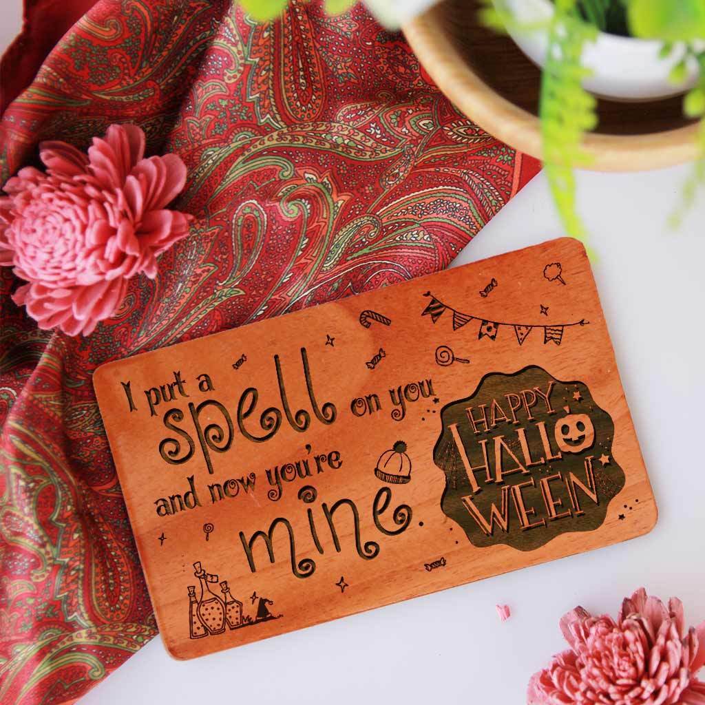 I put a spell on you and now you're mine. Happy Halloween! - Halloween Cards Engraved With Happy Halloween Greetings. Looking for funny Halloween cards, Halloween cards for kids, cute Halloween cards, cute Halloween cards for boyfriend, these personalized Halloween greeting cards are perfect. Buy Wooden Greeting Cards Online.
