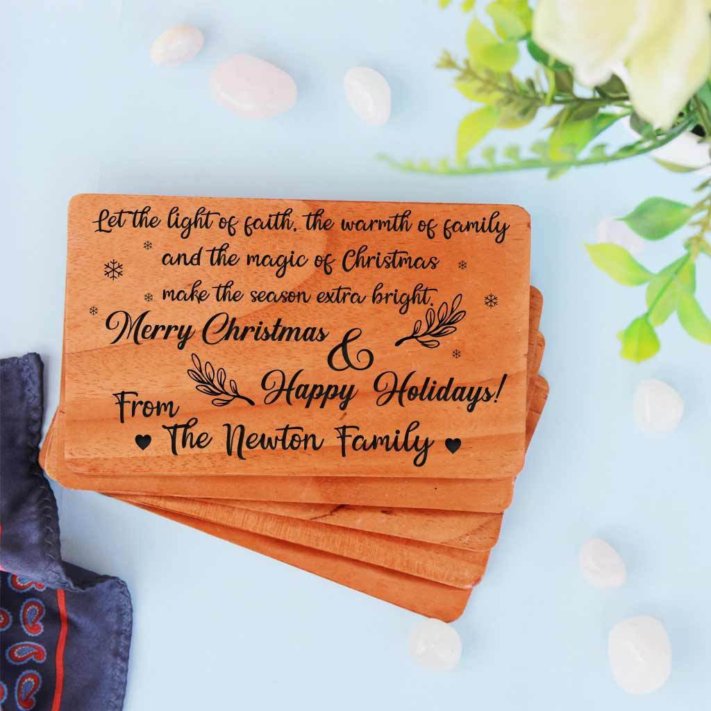 Let the light of faith, the warmth of family and the magic of Christmas make the season extra bright. Merry Christmas & Happy Holidays! - Happy Holidays Cards. Set Of Wooden Cards. Personalized Holiday Cards & Custom Holiday Cards engraved with season's greetings. Shop Greeting Cards Online.